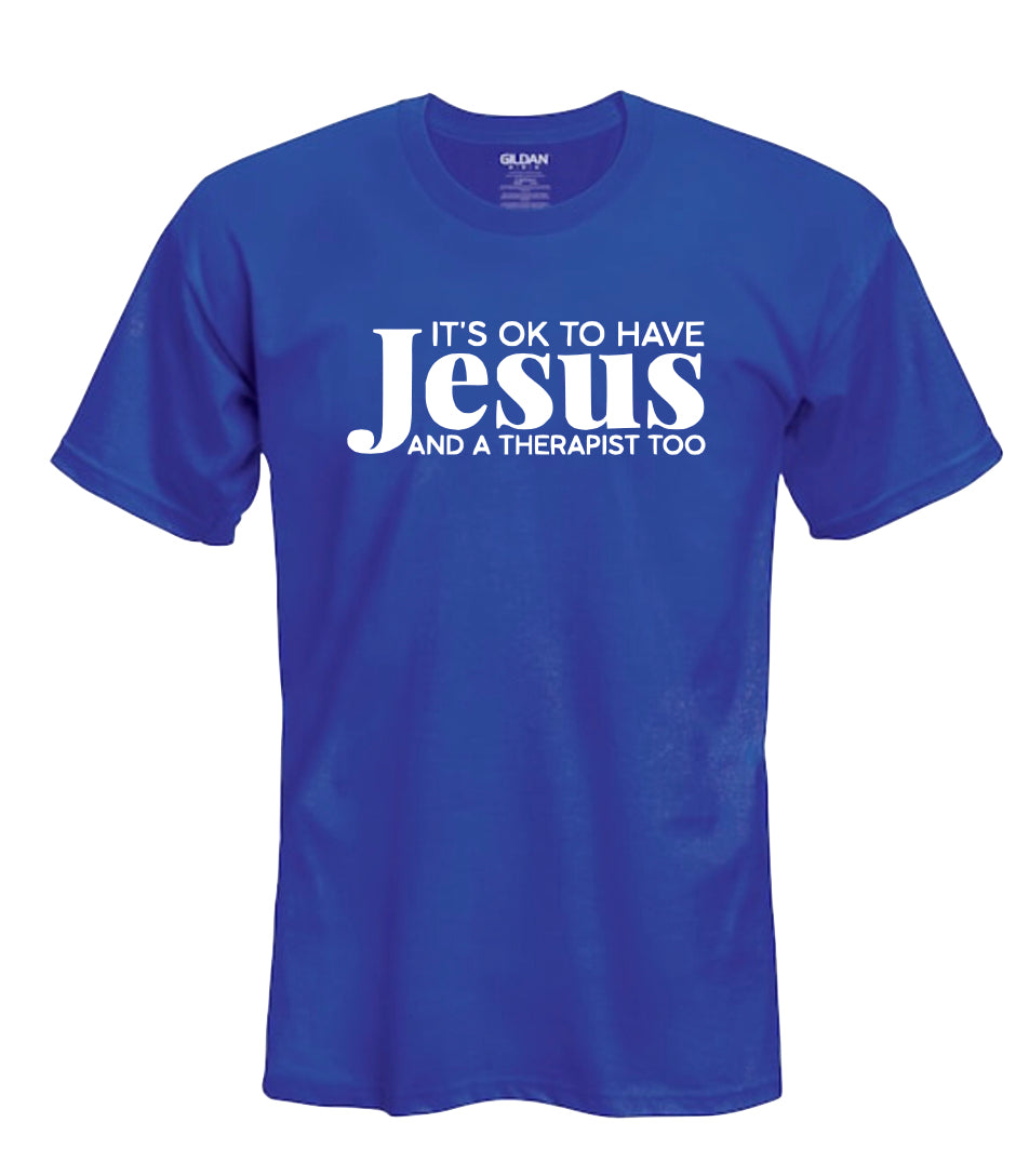 Jesus & Therapy Blue Tee White Lettering
