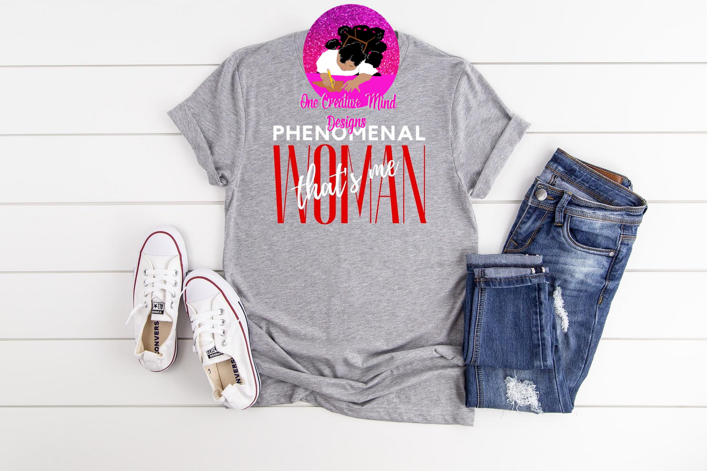 Phenomenal Woman-Grey Tee Red Lettering