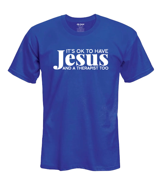 Jesus & Therapy Blue Tee White Lettering