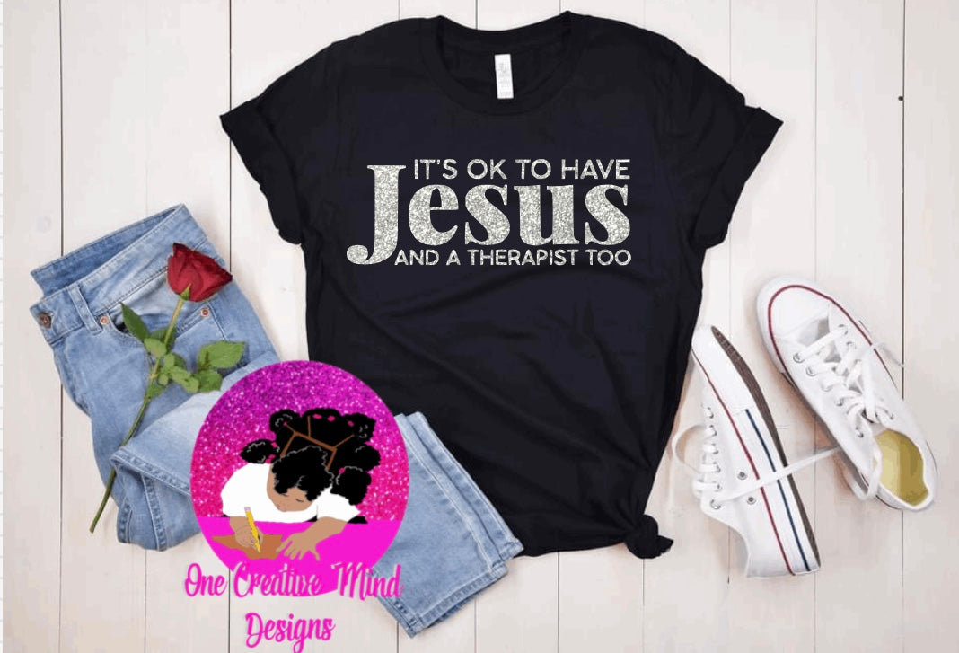 Jesus & Therapy Black Tee Silver Glitter Lettering