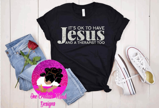 Jesus & Therapy Black Tee Silver Glitter Lettering