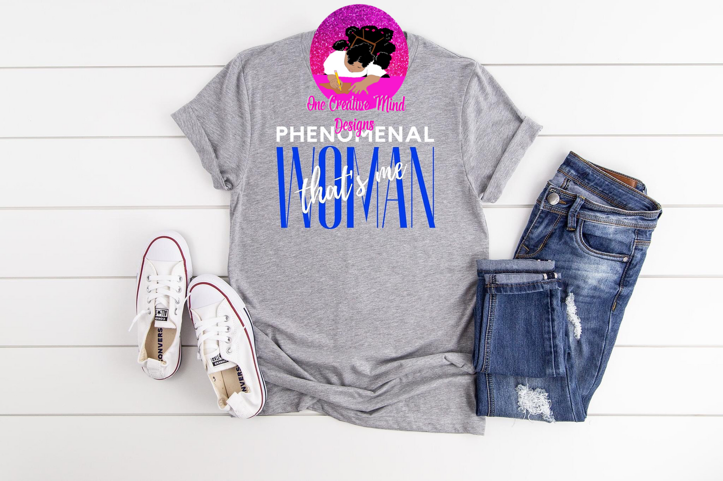 Phenomenal Woman- Grey Tee Blue Lettering