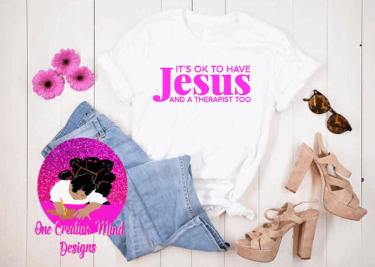 Jesus & Therapy White Tee Pink Lettering