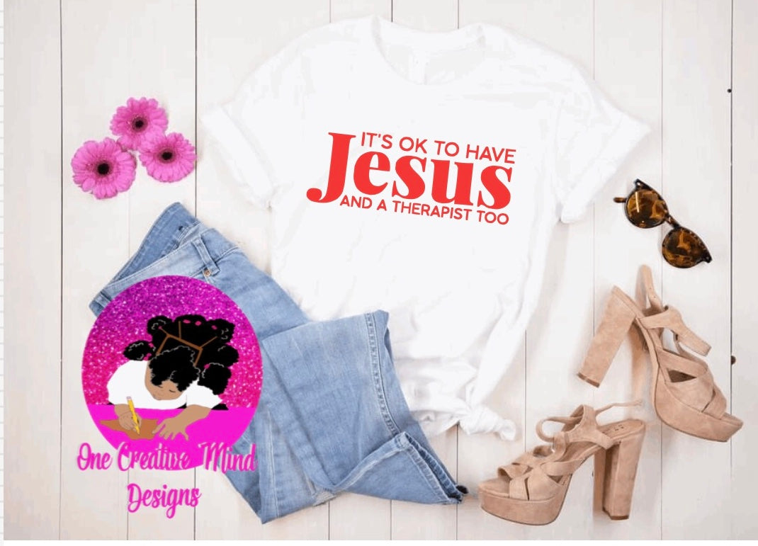 Jesus & Therapy White Tee Red Lettering